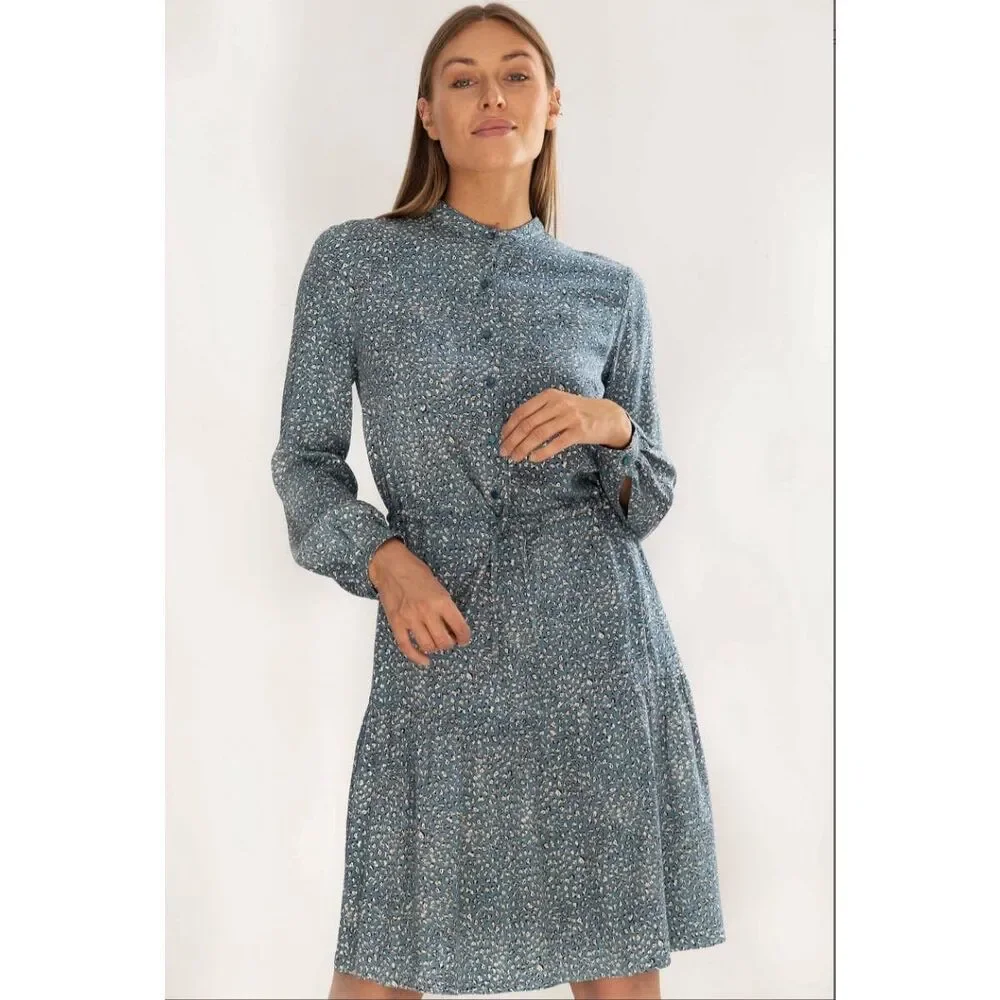 Atella Blue Floral‎ Tiered Midi Dress long sleeve Womens XL Prairie Cottagecore